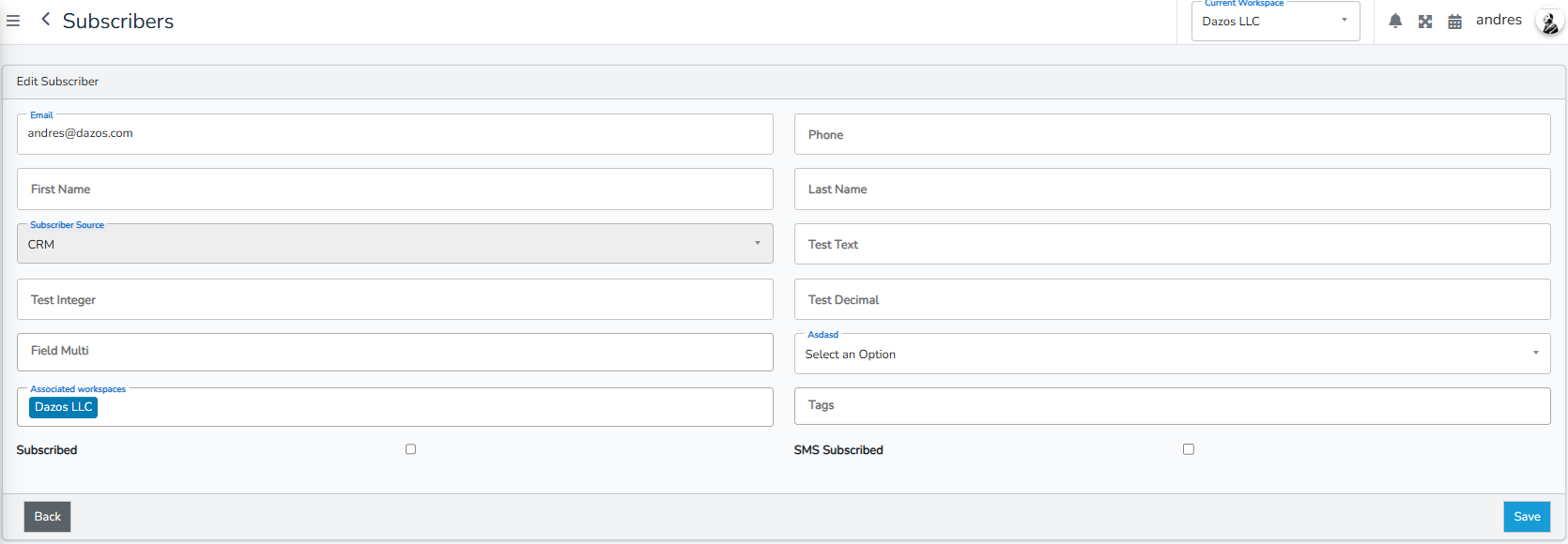 CRM screenshot: subscriber opted in to SMS